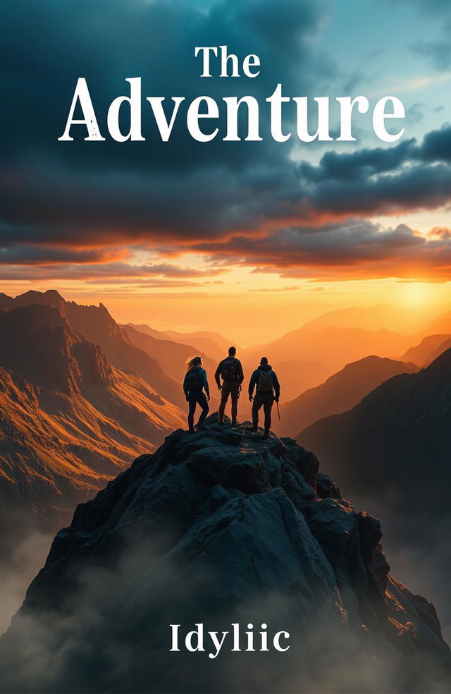 Create a book cover showing a group of companions standing at the peak of a mountain, gazing over an expansive and epic landscape