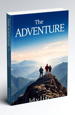 Design a book cover with a group of companions standing on a mountain peak, overlooking a vast and breathtaking landscape