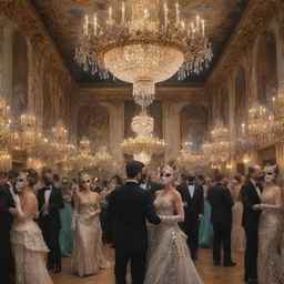 A piece of art of a lavish masquerade ball, filled with people wearing intricate masks, under dazzling chandeliers, and in the midst of an ornate dance