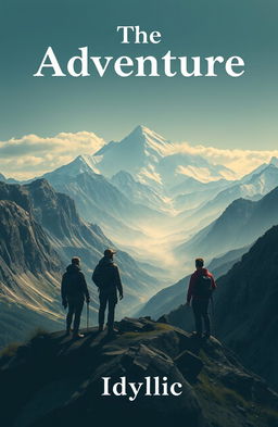 Create a print featuring a group of companions standing at the top of a mountain, looking over an epic landscape of scenery