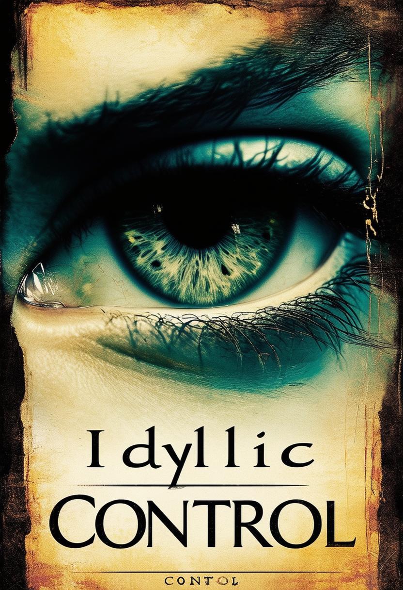 A book cover with a dark background, a faded light yellow mural border, the author's name 'Idyllic' at the top, the title 'Control' below it, and an eye looking off into the distance beneath the title