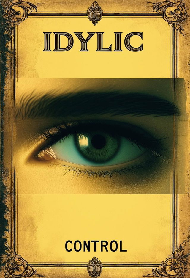 A book cover with a dark background, a faded light yellow mural border, the author's name 'Idyllic' at the top, the title 'Control' below it, and an eye looking off into the distance beneath the title