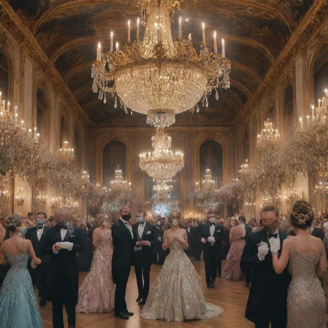 A piece of art of a lavish masquerade ball, filled with people wearing intricate masks, under dazzling chandeliers, and in the midst of an ornate dance