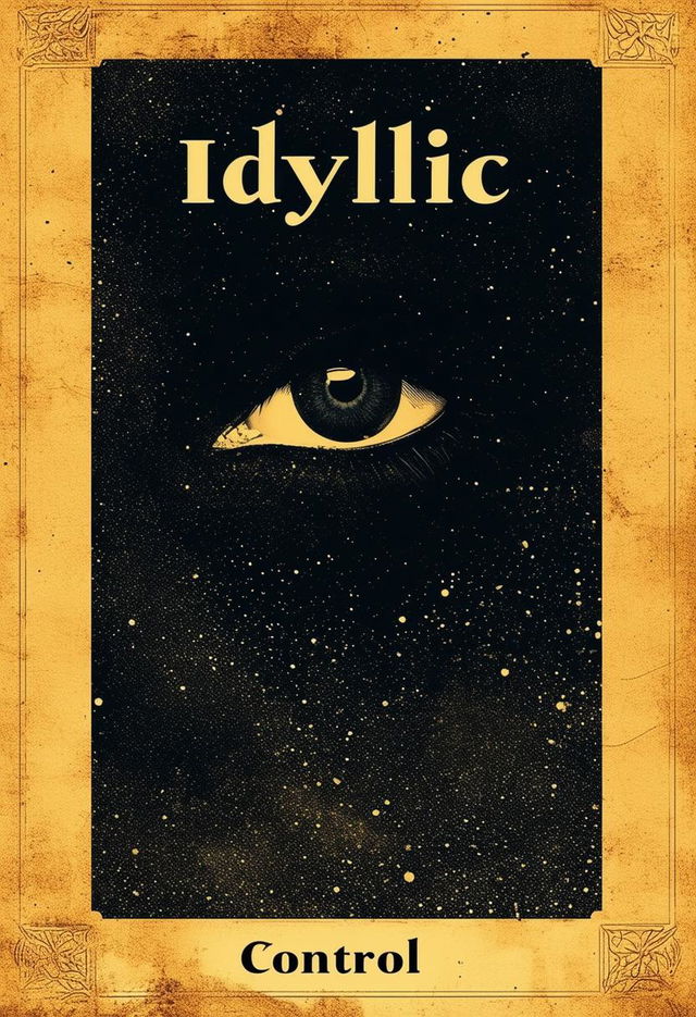 A book cover with a dark background, a faded light yellow mural border, the author's name 'Idyllic' at the top, the title 'Control' below it, and an eye looking off into the distance beneath the title