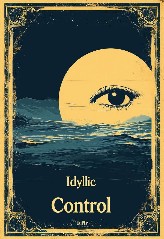 A book cover with a dark background, a faded light yellow mural border, the author's name 'Idyllic' at the top, the title 'Control' below it, and an eye looking off into the distance beneath the title