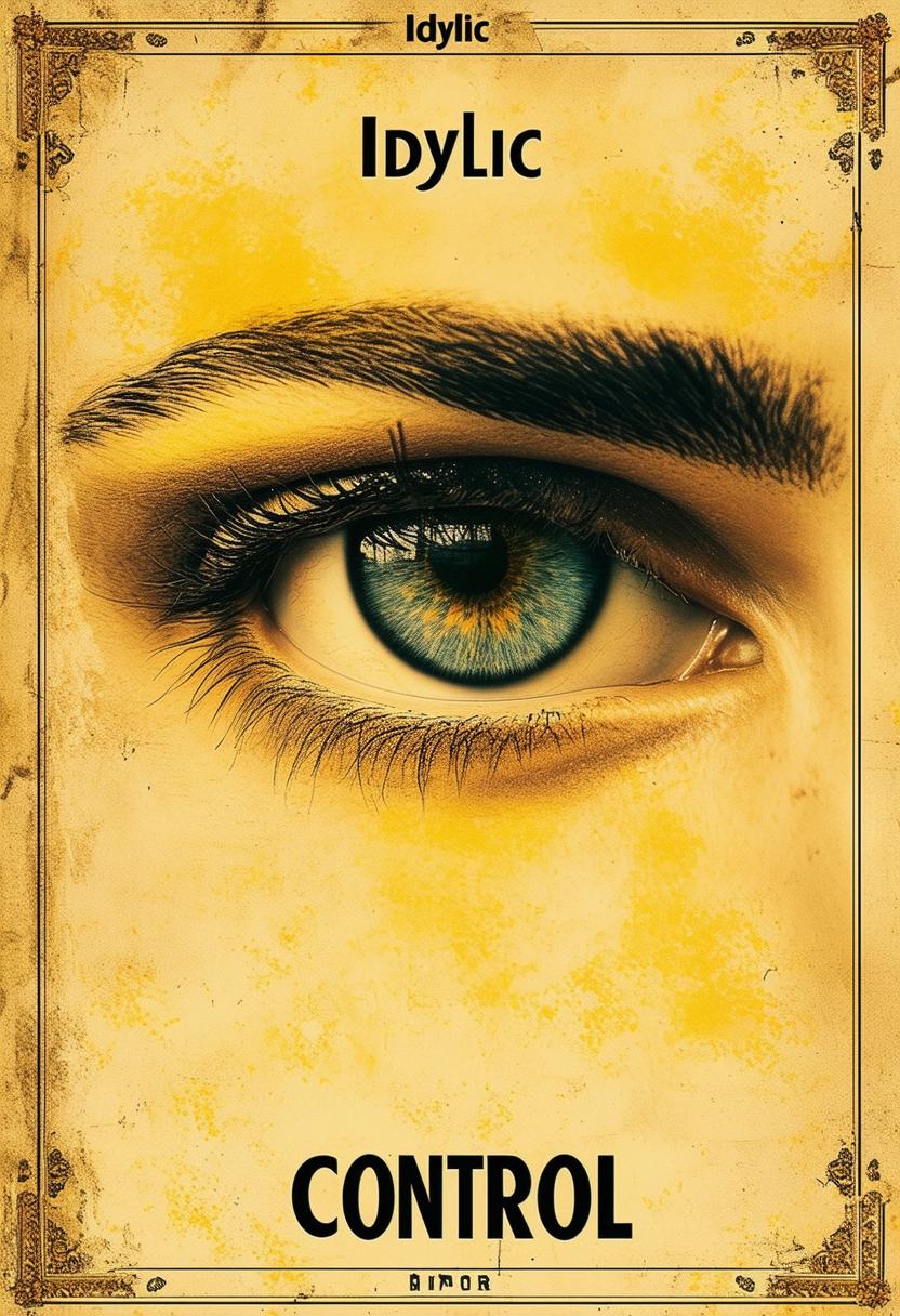 A book cover with a dark background, a faded light yellow mural border, the author's name 'Idyllic' at the top, the title 'Control' below it, and an eye looking off into the distance beneath the title