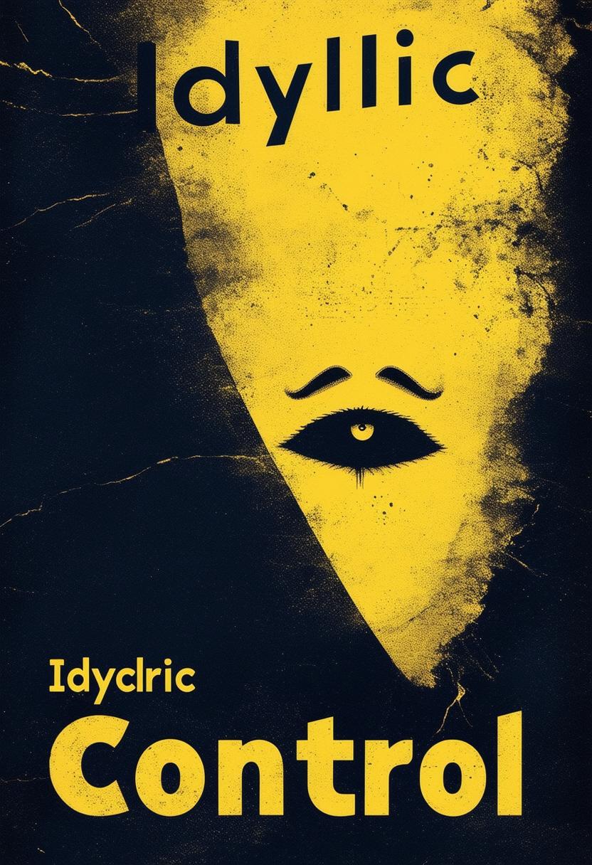 A book cover with a dark background, a faded light yellow mural border, the author's name 'Idyllic' at the top, the title 'Control' below it, and an eye looking off into the distance beneath the title