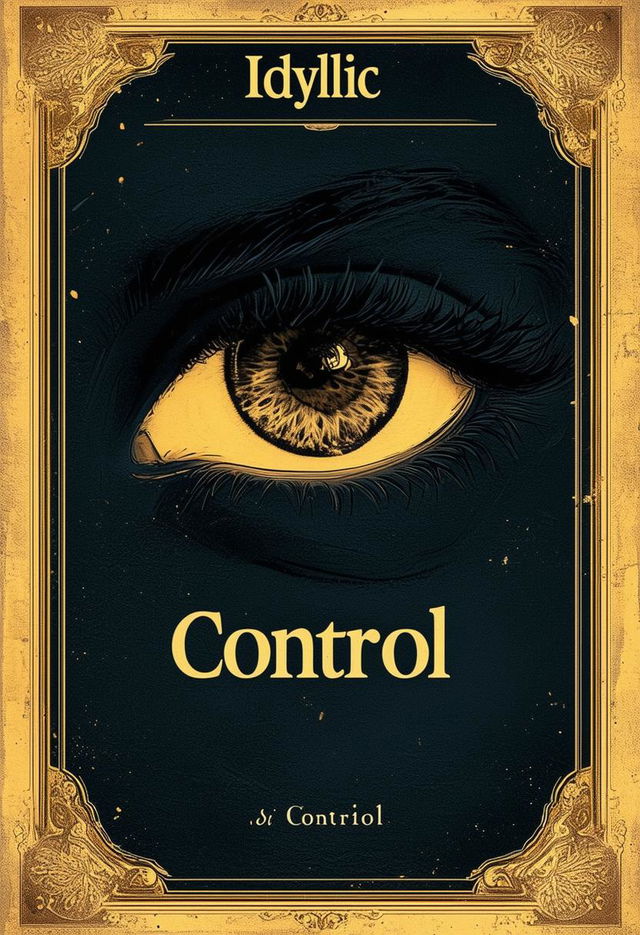 A book cover with a dark background, a faded light yellow mural border, the author's name 'Idyllic' at the top, the title 'Control' below it, and an eye looking off into the distance beneath the title