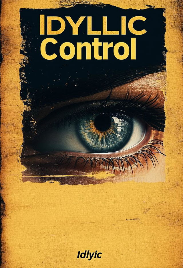 A book cover with a dark background, a faded light yellow mural border, the author's name 'Idyllic' at the top, the title 'Control' below it, and an eye looking off into the distance beneath the title