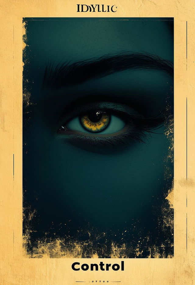 A book cover with a dark background, a faded light yellow mural border, the author's name 'Idyllic' at the top, the title 'Control' below it, and an eye looking off into the distance beneath the title