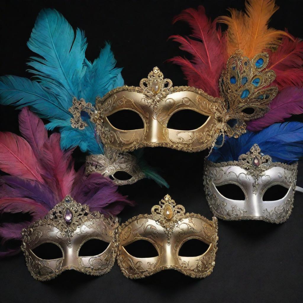 A collection of intricate, beautifully crafted masquerade masks, adorned with feathers, jewels, and intricate designs, each one unique and engrossing