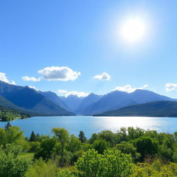 A beautiful landscape featuring a serene lake surrounded by lush greenery and majestic mountains in the background