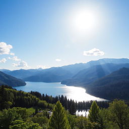 A beautiful landscape featuring a serene lake surrounded by lush greenery and majestic mountains in the background