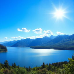 A beautiful landscape featuring a serene lake surrounded by lush greenery and majestic mountains in the background