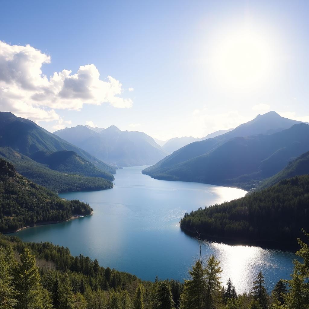 A beautiful landscape featuring a serene lake surrounded by lush greenery and majestic mountains in the background