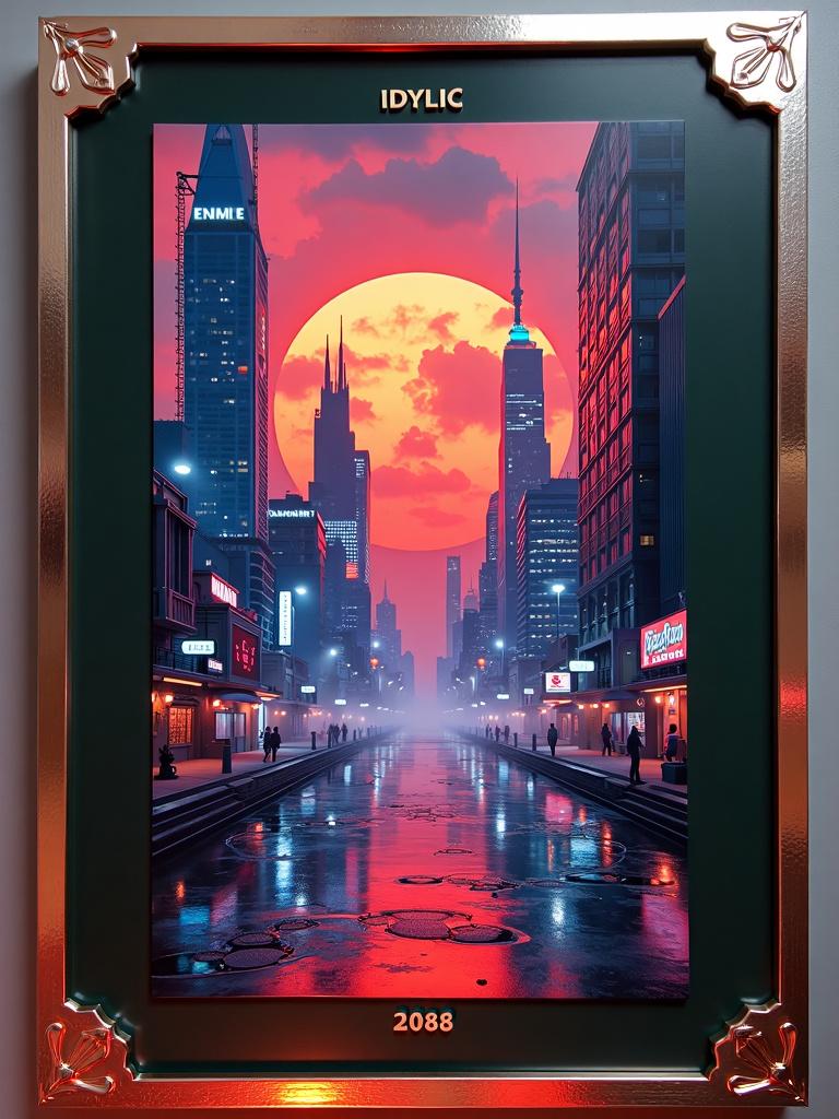 Book cover print with a metallic border, featuring a futuristic cyberpunk dystopia background