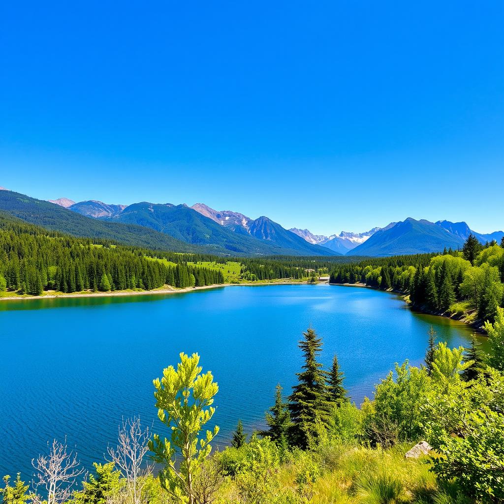 A beautiful landscape featuring a serene lake surrounded by lush green trees and mountains in the background under a clear blue sky