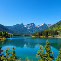 A beautiful landscape featuring a serene lake surrounded by lush green trees and mountains in the background under a clear blue sky