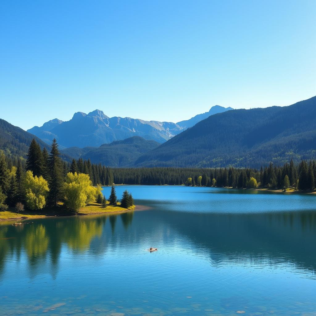 A beautiful landscape featuring a serene lake surrounded by lush green trees and mountains in the background under a clear blue sky