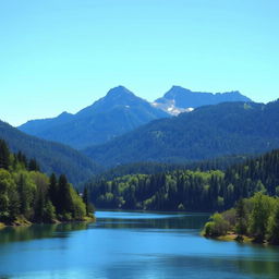 A beautiful landscape featuring a serene lake surrounded by lush green trees and mountains in the background under a clear blue sky