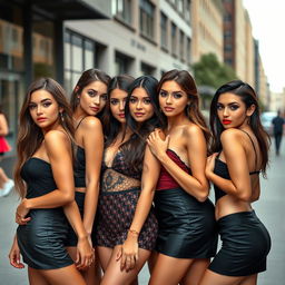 A group of beautiful young women with alluring appearances, dressed stylishly and confidently, posing together in an urban setting