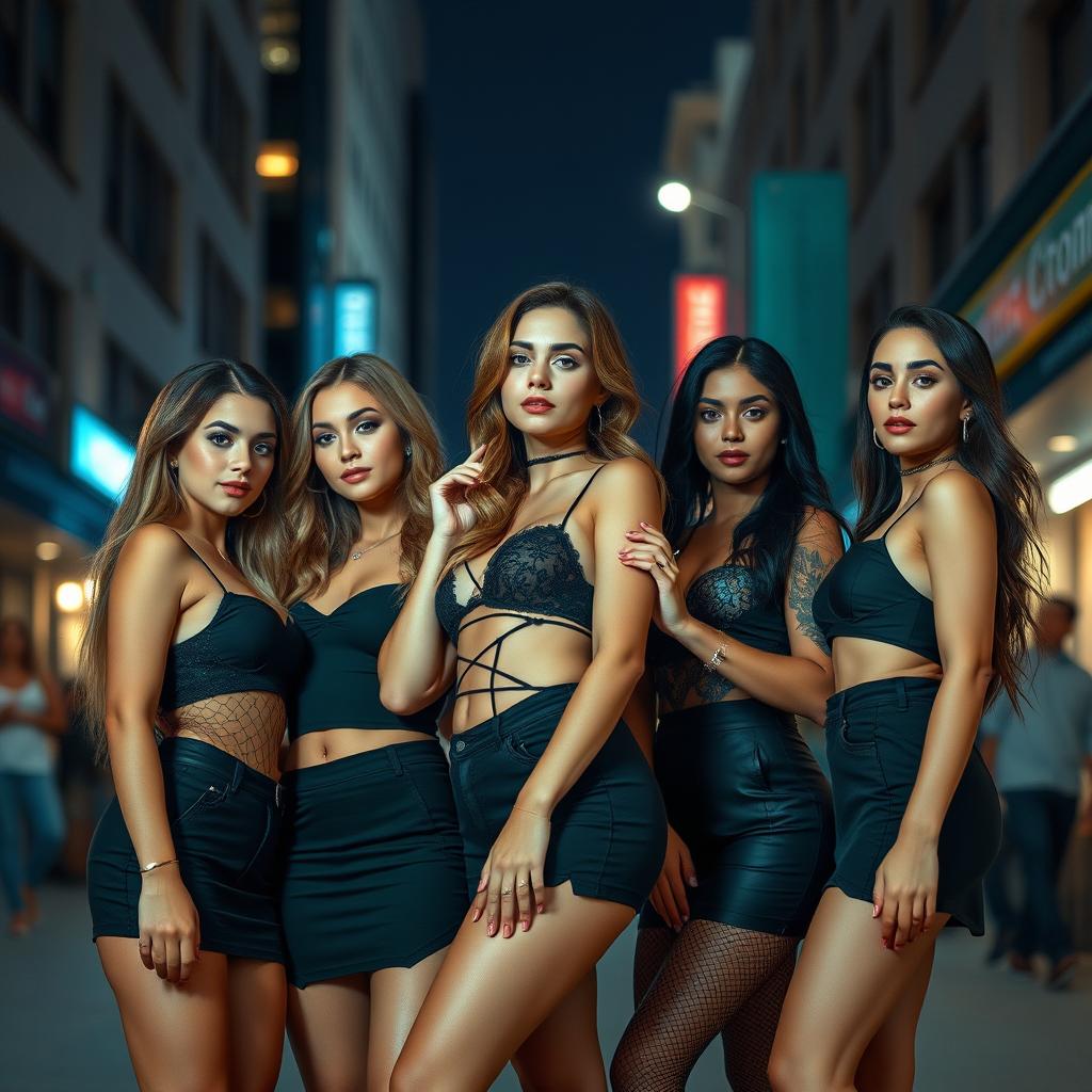 A group of beautiful young women with alluring appearances, dressed stylishly and confidently, posing together in an urban setting