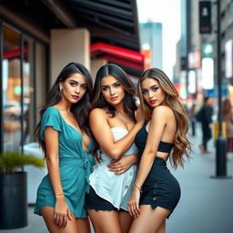 A group of beautiful young women with alluring appearances, dressed stylishly and confidently, posing together in an urban setting