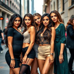 A group of beautiful young women with alluring appearances, dressed stylishly and confidently, posing together in an urban setting