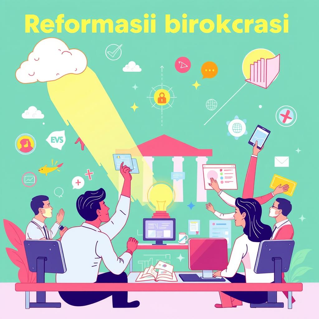 A vibrant and engaging illustration representing 'reformasi birokrasi', showcasing the transformation and modernization of a bureaucratic system