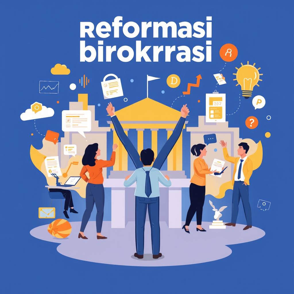 A vibrant and engaging illustration representing 'reformasi birokrasi', showcasing the transformation and modernization of a bureaucratic system