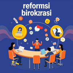 A vibrant and engaging illustration representing 'reformasi birokrasi', showcasing the transformation and modernization of a bureaucratic system