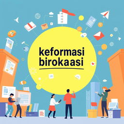 A vibrant and engaging illustration representing 'reformasi birokrasi', showcasing the transformation and modernization of a bureaucratic system