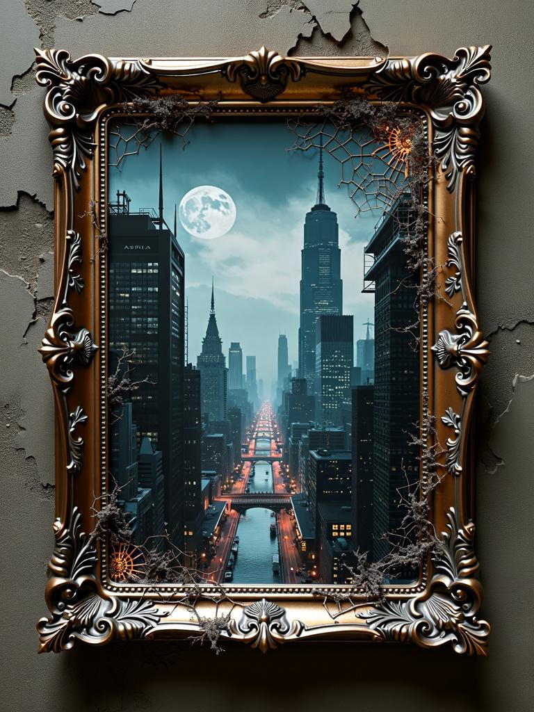 Book cover print with a metallic mural-like border resembling a decaying web, featuring a dark and dystopian futuristic cyberpunk cityscape