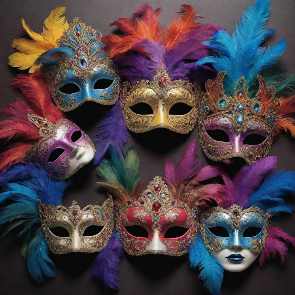 An artistic depiction of a collection of elaborate and intricately designed masquerade masks, embellished with vibrant colours, feathers, and jewels, showing a feast of craftsmanship