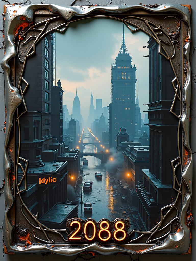 Book cover print with a metallic mural-like border resembling a decaying web, featuring a dark and dystopian futuristic cyberpunk cityscape