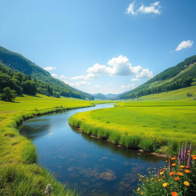 Create an image of a serene landscape with a clear blue sky, lush green fields, and a calm river flowing through the scene