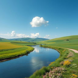 Create an image of a serene landscape with a clear blue sky, lush green fields, and a calm river flowing through the scene