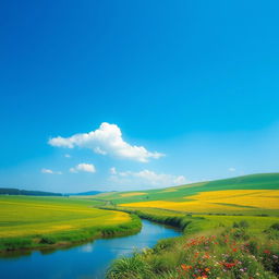 Create an image of a serene landscape with a clear blue sky, lush green fields, and a calm river flowing through the scene