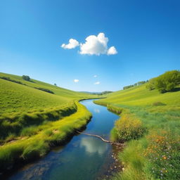 Create an image of a serene landscape with a clear blue sky, lush green fields, and a calm river flowing through the scene