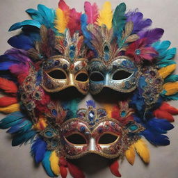 An artistic depiction of a collection of elaborate and intricately designed masquerade masks, embellished with vibrant colours, feathers, and jewels, showing a feast of craftsmanship