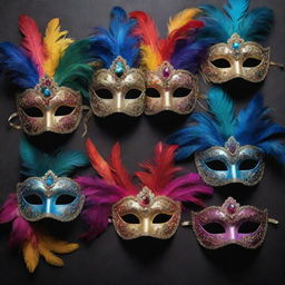 An artistic depiction of a collection of elaborate and intricately designed masquerade masks, embellished with vibrant colours, feathers, and jewels, showing a feast of craftsmanship