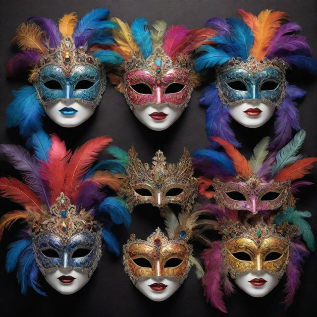 An artistic depiction of a collection of elaborate and intricately designed masquerade masks, embellished with vibrant colours, feathers, and jewels, showing a feast of craftsmanship