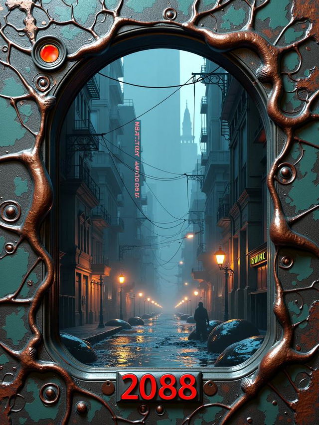 Book cover print with a metallic mural-like border resembling a decaying web, featuring a dark and dystopian futuristic cyberpunk cityscape