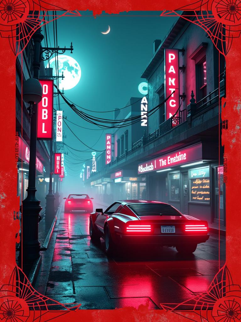 A book cover print with a red spiderweb mural border, featuring a cyberpunk dystopian background with neon lights, flying cars, and guns