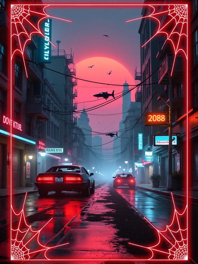 A book cover print with a red spiderweb mural border, featuring a cyberpunk dystopian background with neon lights, flying cars, and guns