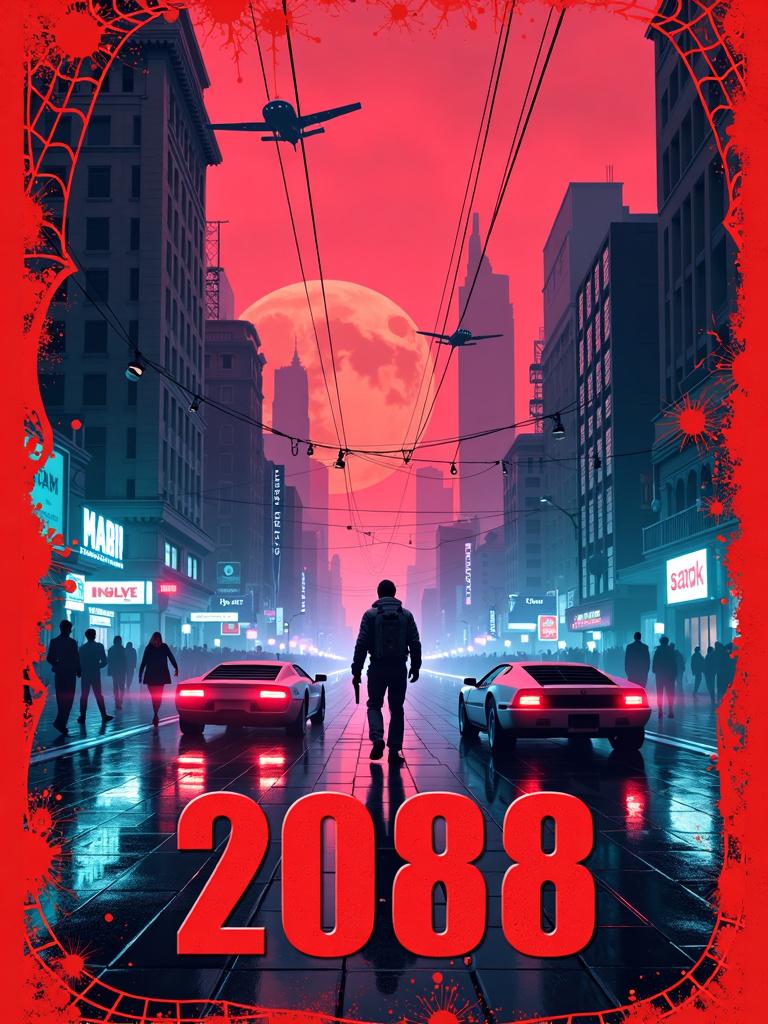 A book cover print with a red spiderweb mural border, featuring a cyberpunk dystopian background with neon lights, flying cars, and guns