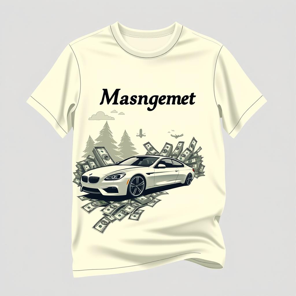 Create a cream-colored shirt design that features elements of financial management, including images of a car and a lot of money