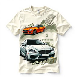 Create a cream-colored shirt design that features elements of financial management, including images of a car and a lot of money