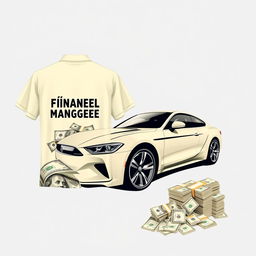 Create a cream-colored shirt design that features elements of financial management, including images of a car and a lot of money