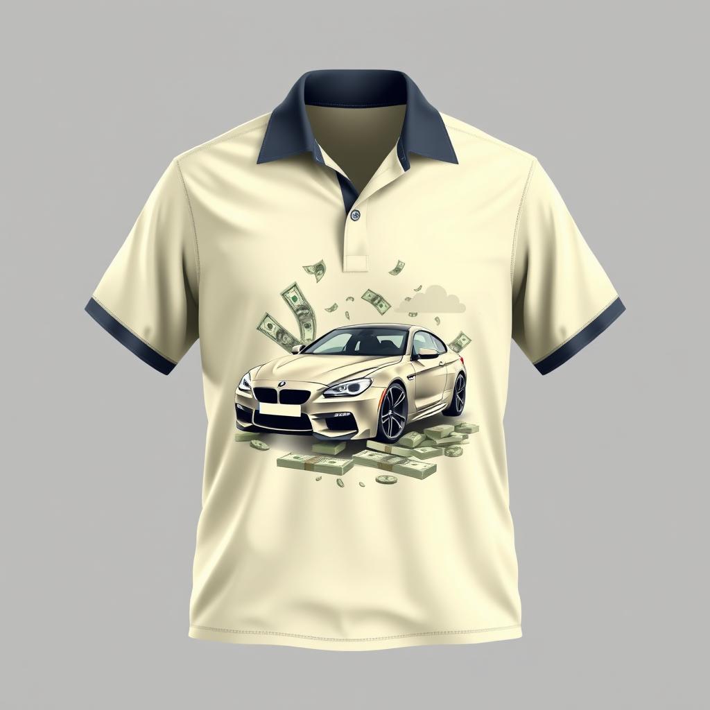 Create a cream-colored shirt design that features elements of financial management, including images of a car and a lot of money